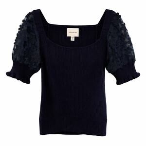Industry Navy Knit Sweater with Embroidered Lace Puff Sleeves – Size L